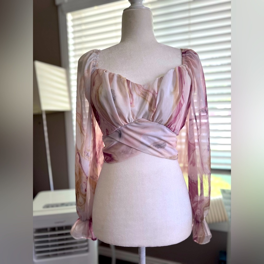 Peach Cropped Blouse with Tie Around size Medium
